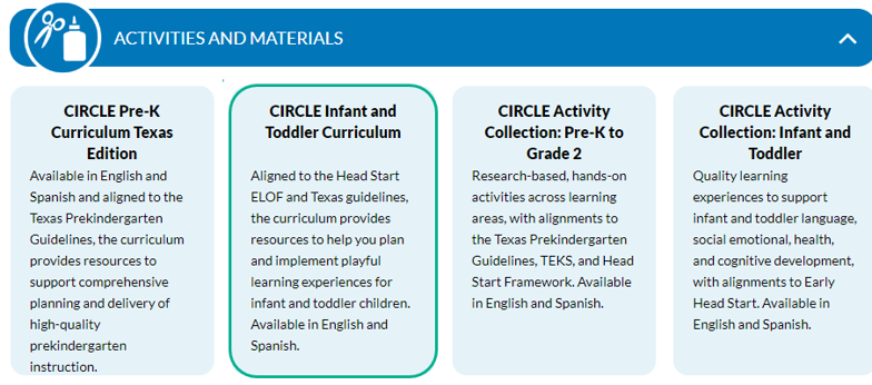Button on CLI Engage dashboard that provides direct access to the CIRCLE Infant and Toddler Curriculum