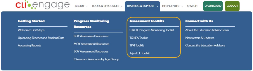 CLI Engage navigation with Training and Support options that include a collection of Assessment Toolkits