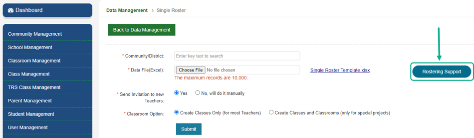 Help ticket button located on the class roster page to provide support with roster uploads