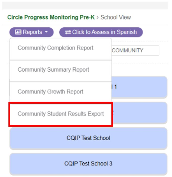 This image shows the newly added Student Results Export option through the community and school report dropdown image.