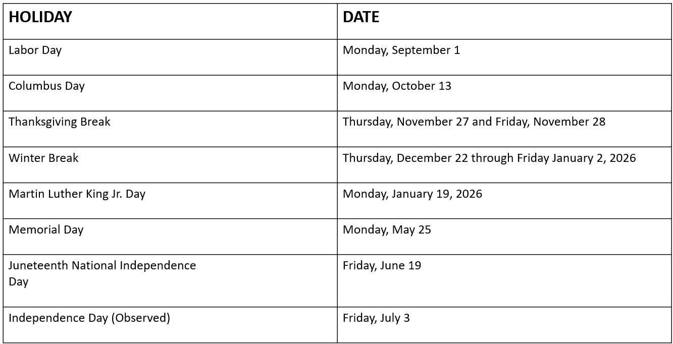 This is a holiday calendar for the 2025-26 year. The calendar represents days that customer support analysts are unavailable.