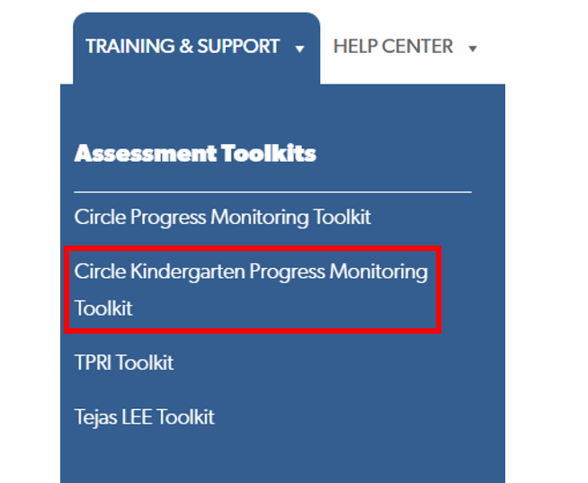 This is a picture of how to find he Circle Kindergarten Progress Monitoring Toolkit on CLI Engage.
