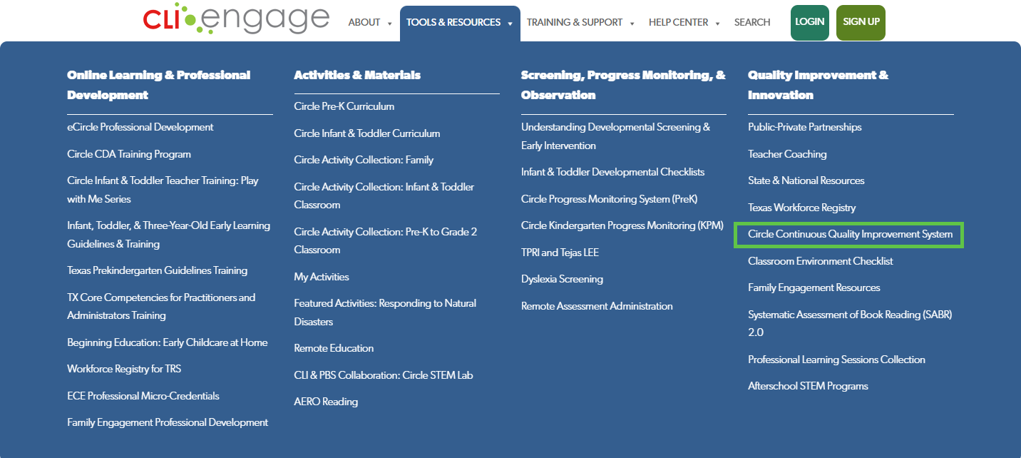 Screenshot of CLI Engage navigation showing the location of the renamed Circle CQI System