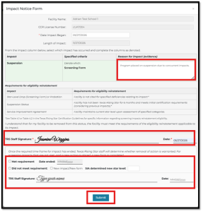 Texas Rising Star Impact Notification form.